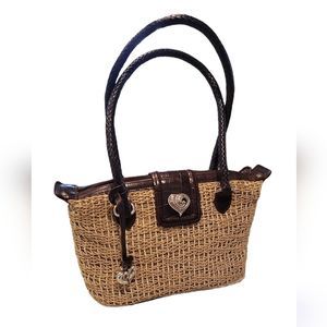 Brighton woven straw and brown leather bag vintage